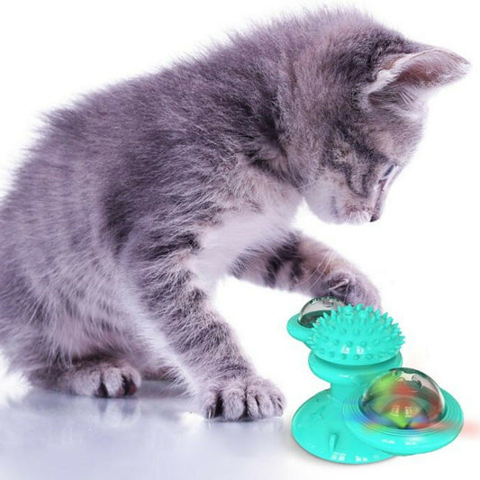 Rotating Interactive Cat Toy - Indoor Windmill Cat Toy With Suction Cup Catnip & Jagged Teeth Middle Ball, Smart Kitten Rotating Spinner Exercise Toy, Toothbrush & Massager