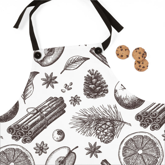 Vintage Christmas Apron — Hand-Drawn Winter Spice Pattern Cooking Apron
