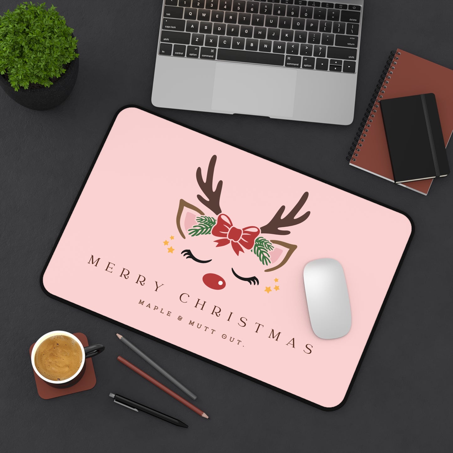 Christmas Reindeer Desk Mat – Pink “Merry Christmas” Holiday Mousepad