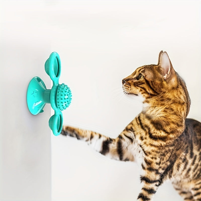Rotating Interactive Cat Toy - Indoor Windmill Cat Toy With Suction Cup Catnip & Jagged Teeth Middle Ball, Smart Kitten Rotating Spinner Exercise Toy, Toothbrush & Massager