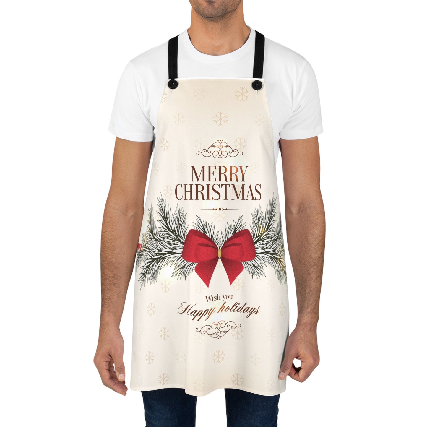 Vintage Christmas Apron — "Merry Christmas" Red Bow & Pine Garland Holiday Kitchen Apron