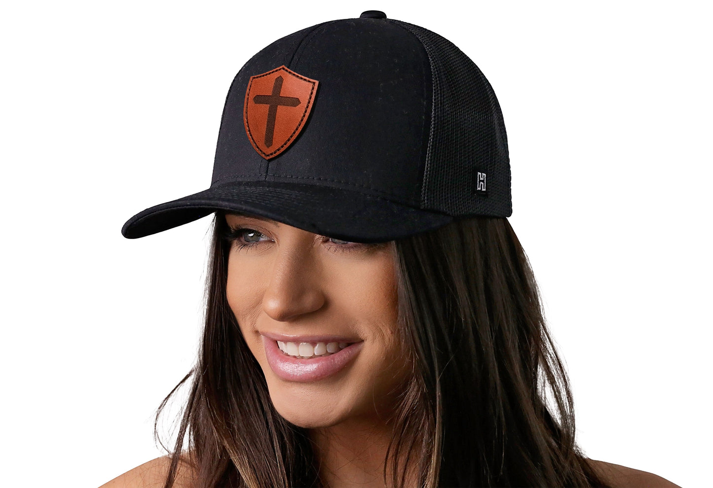 Cross Trucker Hat Shield Leather | Black Cross Snapback