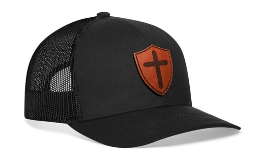 Cross Trucker Hat Shield Leather | Black Cross Snapback