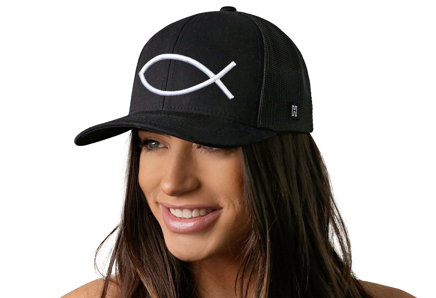 Jesus Fish Trucker Hat | Black bold ichthys Snapback