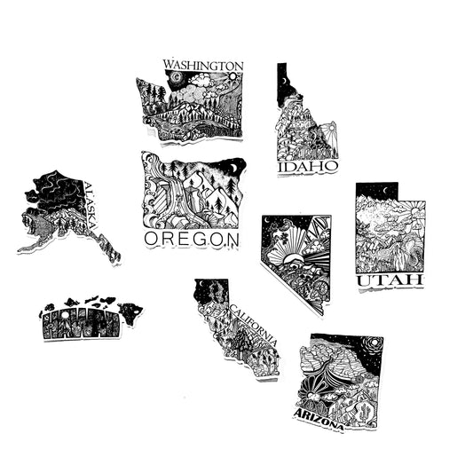 USA sticker pack. Save 97 dollars! 50 state stickers 4" Weatherproof and durable, Outdoor sticker, Travel sticker, Wanderlust, Moon , Trees