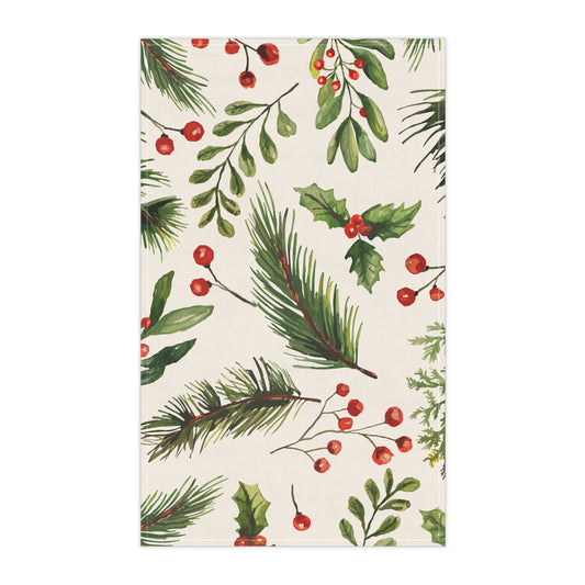 Holiday Pine & Berries Tea Towel — Festive Kitchen Dish Towel (Cotton/Poly)