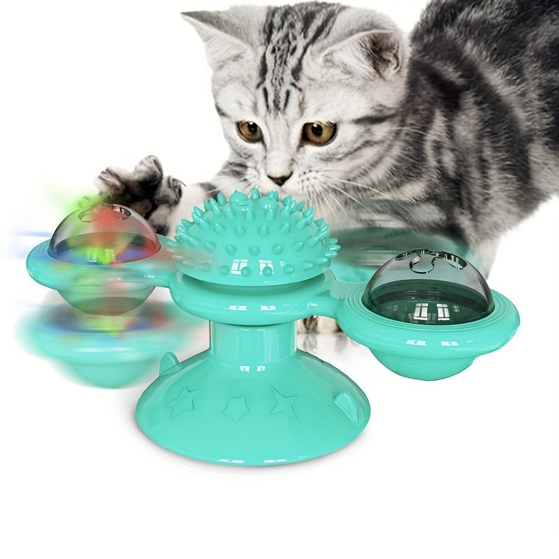 Rotating Interactive Cat Toy - Indoor Windmill Cat Toy With Suction Cup Catnip & Jagged Teeth Middle Ball, Smart Kitten Rotating Spinner Exercise Toy, Toothbrush & Massager