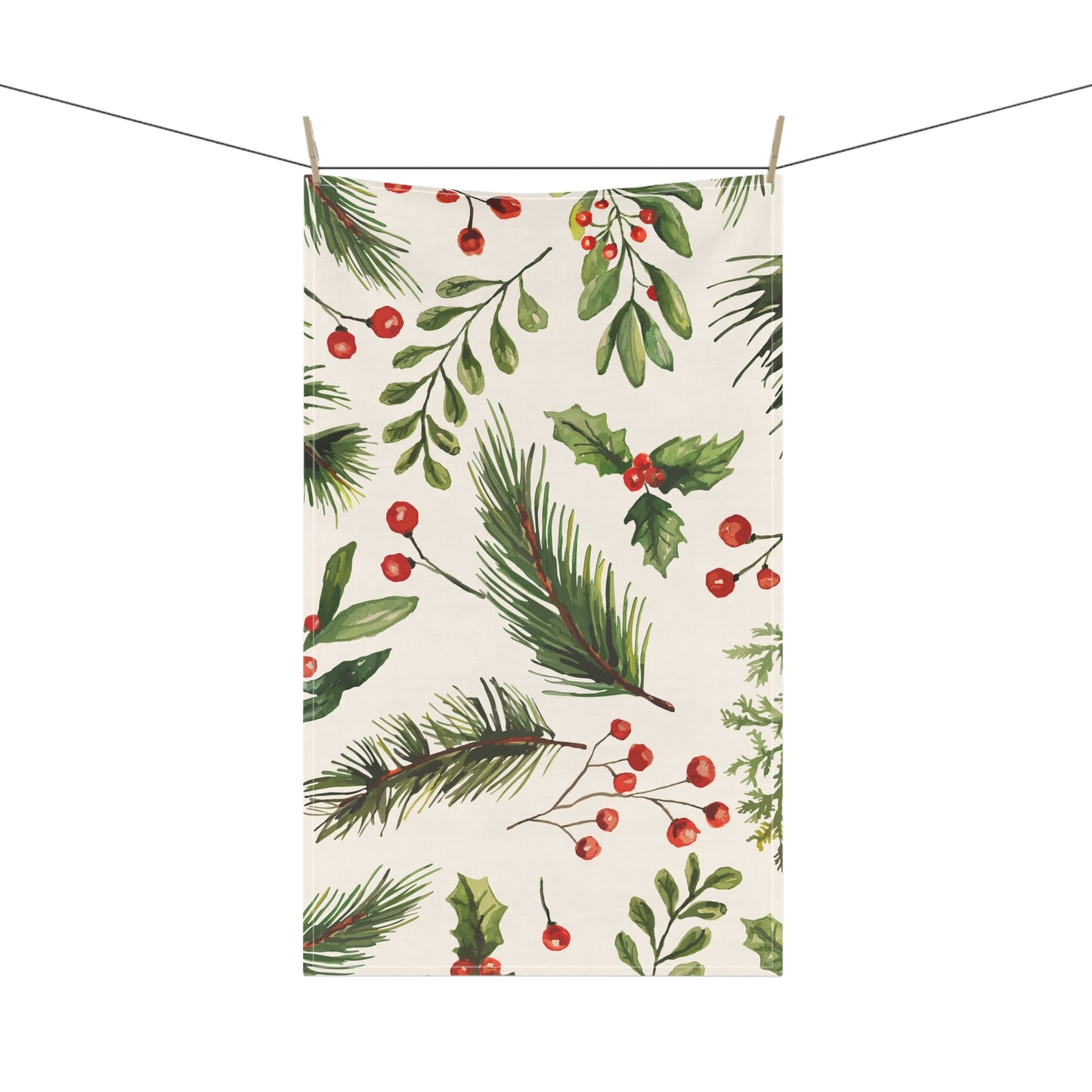 Holiday Pine & Berries Tea Towel — Festive Kitchen Dish Towel (Cotton/Poly)