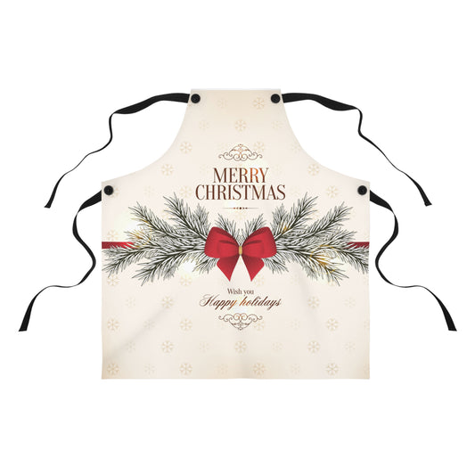 Vintage Christmas Apron — "Merry Christmas" Red Bow & Pine Garland Holiday Kitchen Apron