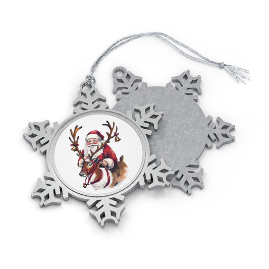 Vintage Santa in Reindeer Antlers Pewter Snowflake Christmas Ornament —
