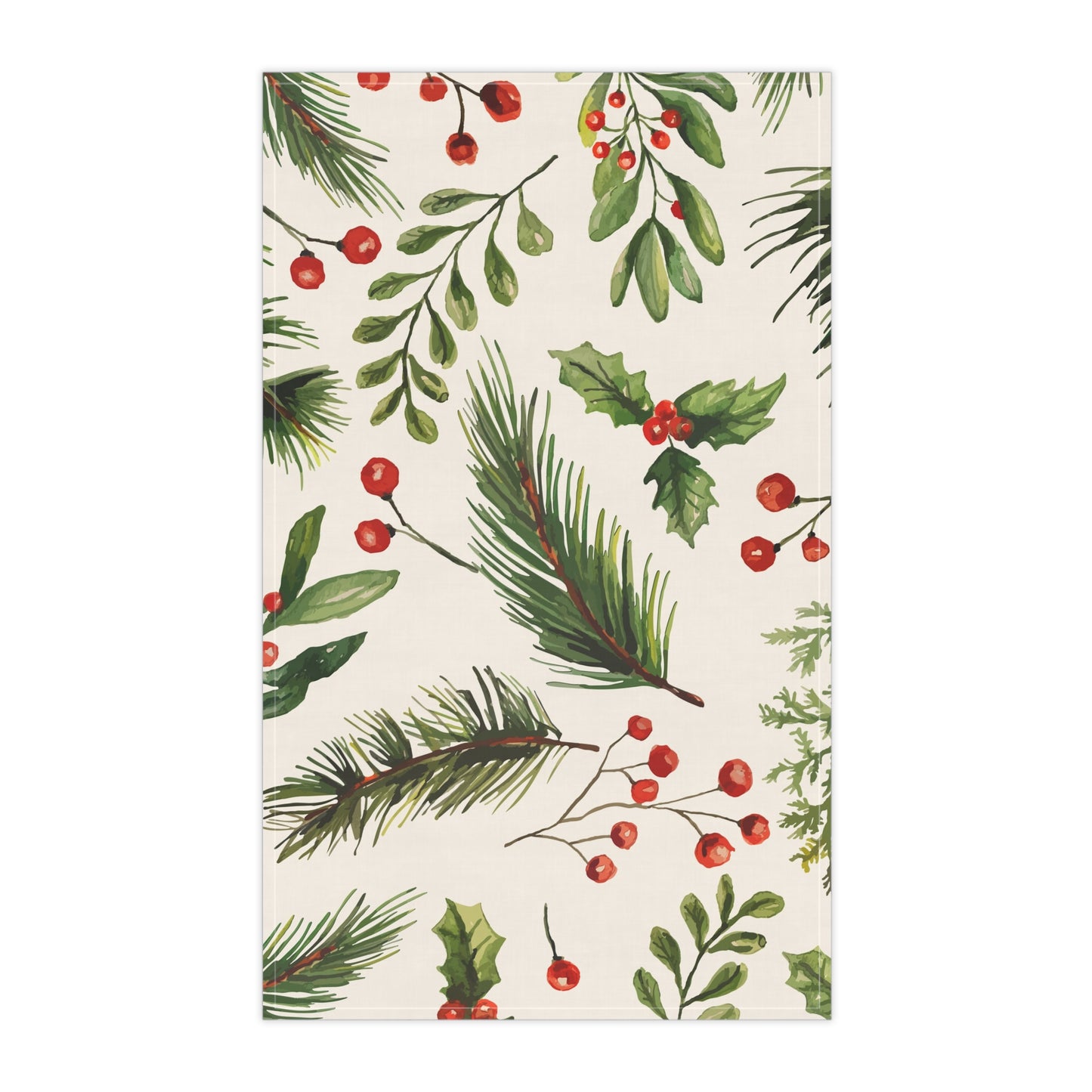 Holiday Pine & Berries Tea Towel — Festive Kitchen Dish Towel (Cotton/Poly)