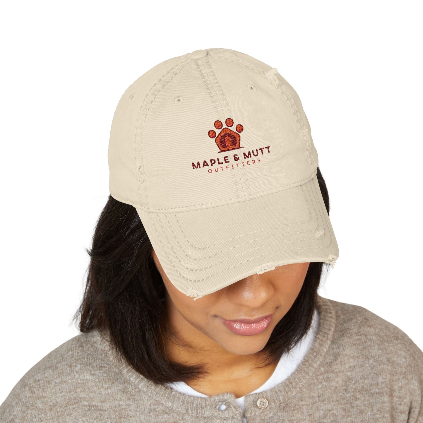Maple & Mutt Distressed Dad Hat — Embroidered Paw & Home Logo Cap
