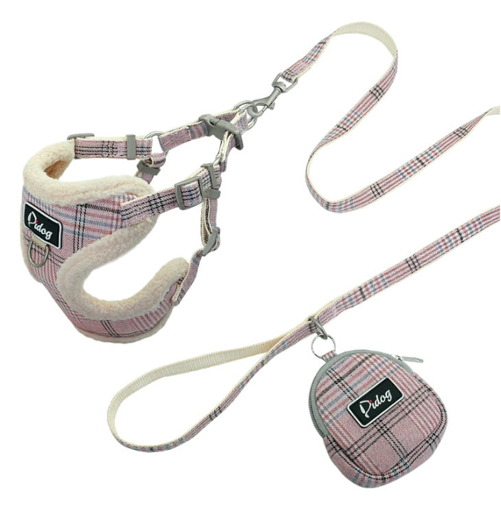 🐶 Plaid Cute Dog Harness with Poo bag attached