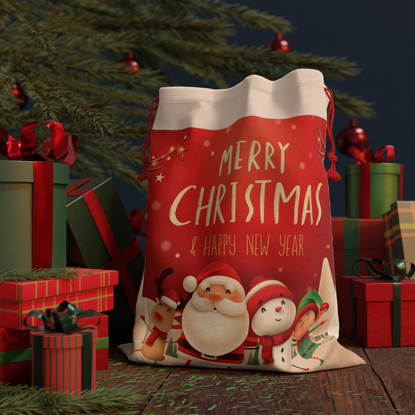 Merry Christmas Drawstring Gift Bag — Santa, Snowman & Elf Bag