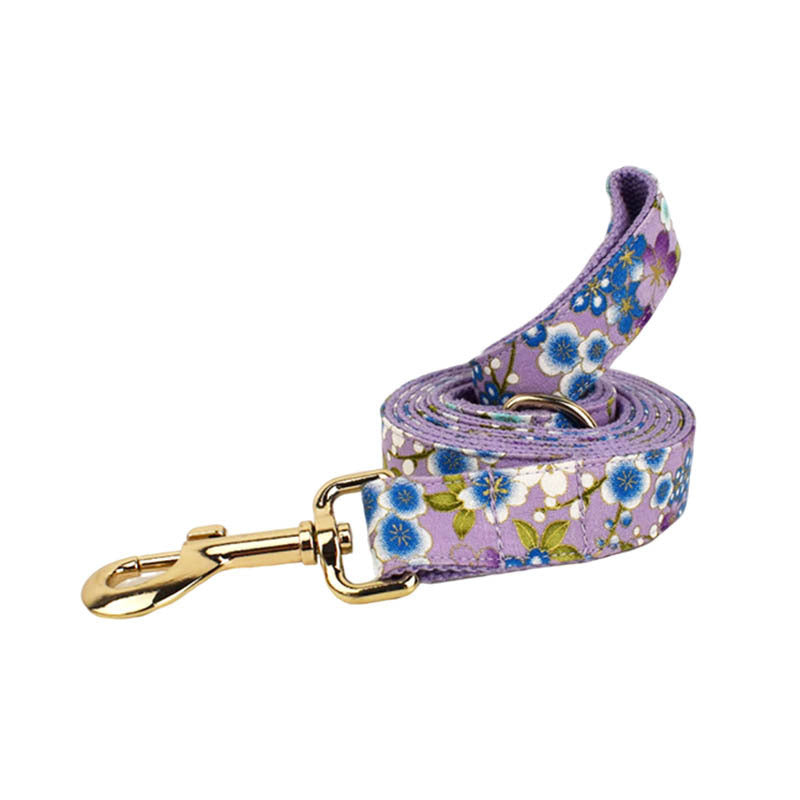 Purple And Wind Floral Dog Collar Hand Holding Rope Metal Bandana Bow Strap Out Shit Bag