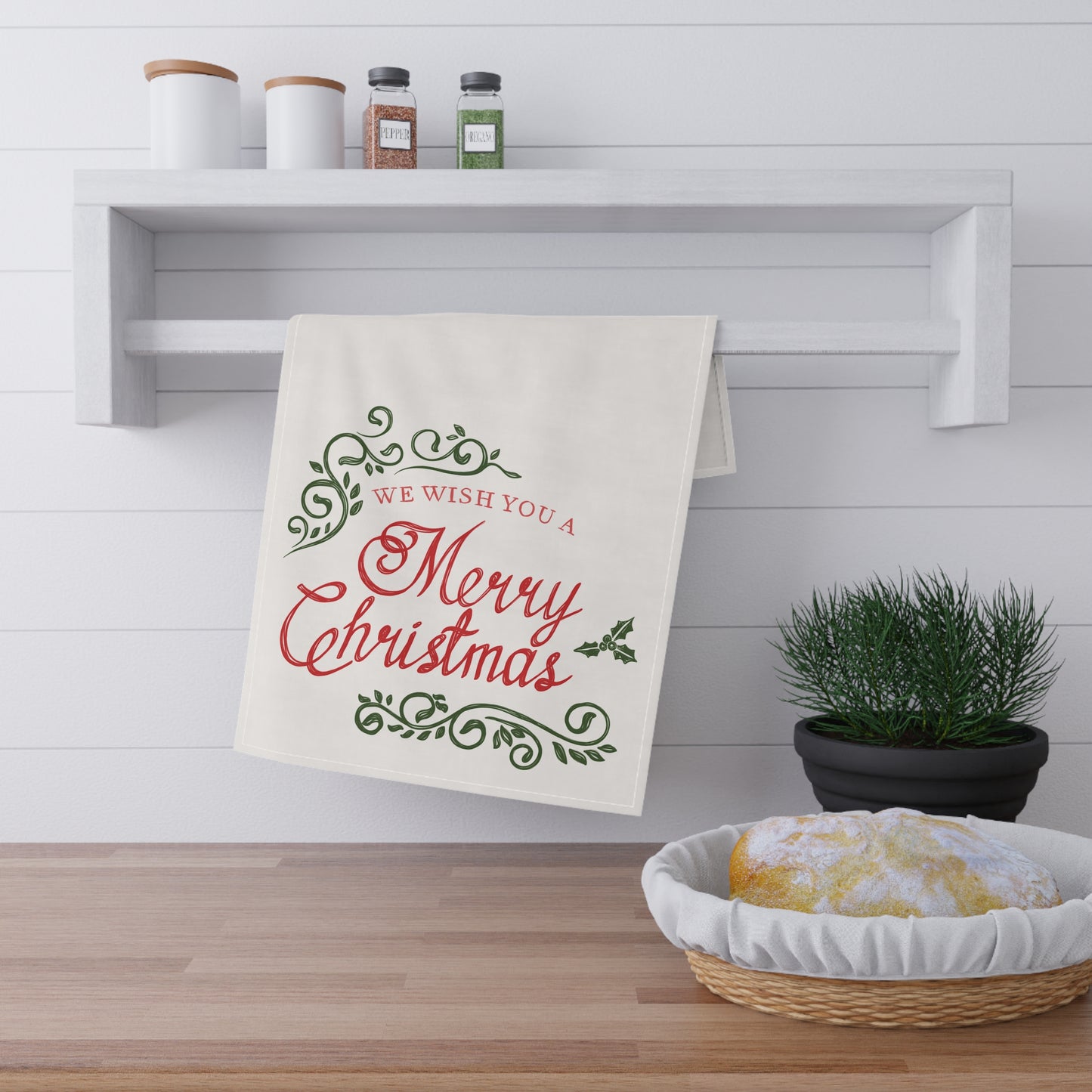 Vintage Merry Christmas Tea Towel — Festive Holiday Kitchen Linen