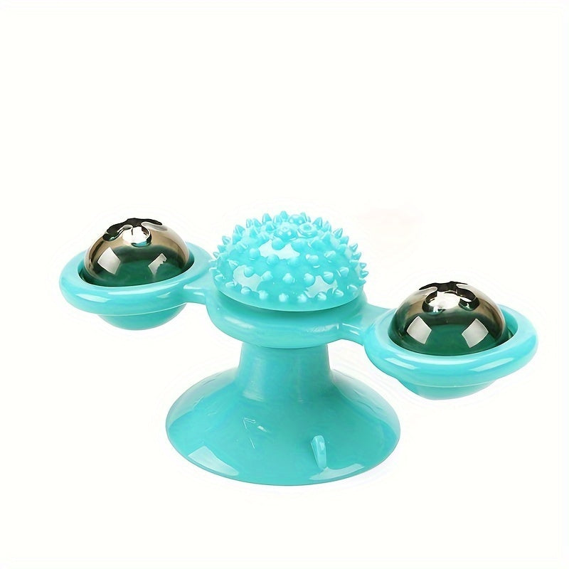 Rotating Interactive Cat Toy - Indoor Windmill Cat Toy With Suction Cup Catnip & Jagged Teeth Middle Ball, Smart Kitten Rotating Spinner Exercise Toy, Toothbrush & Massager