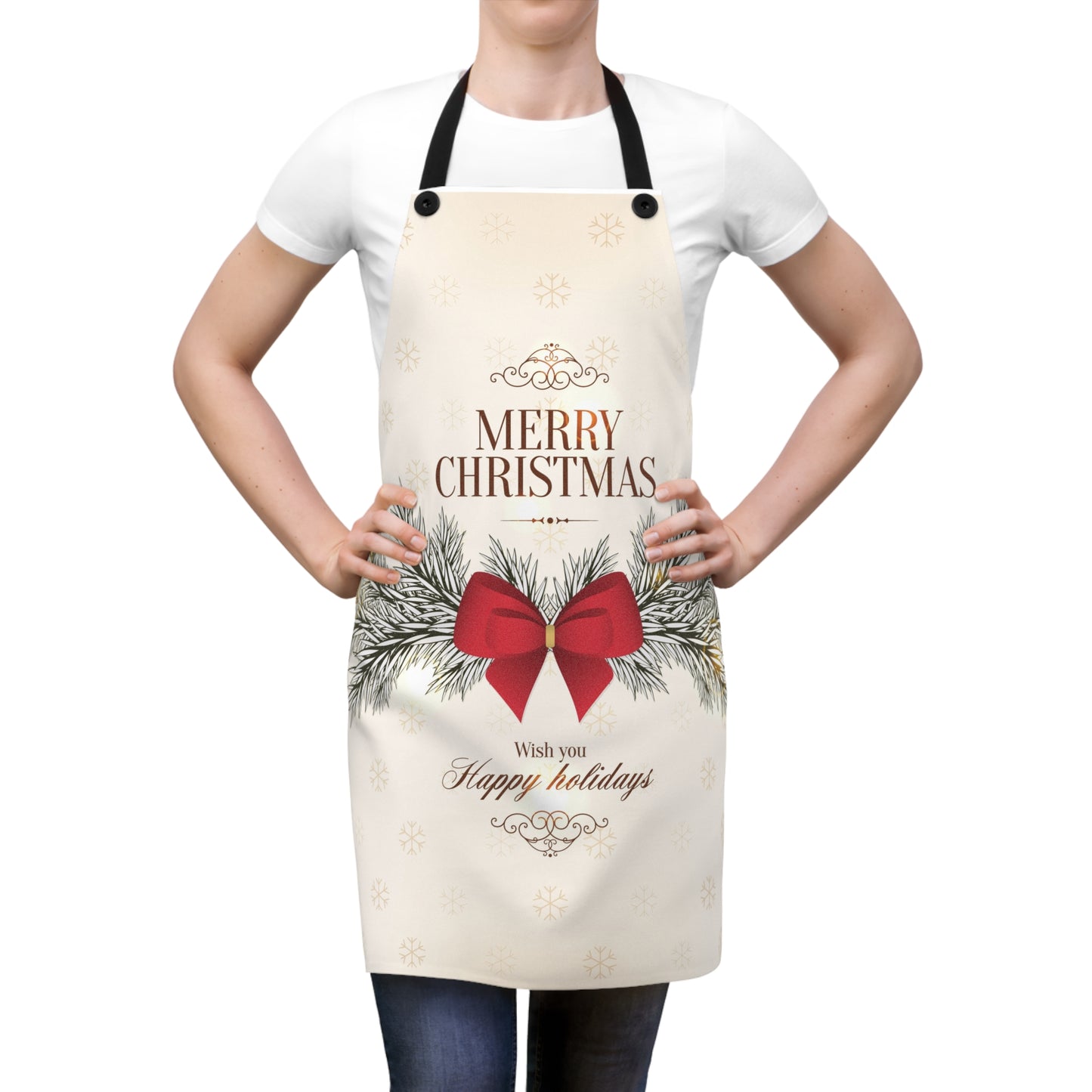 Vintage Christmas Apron — "Merry Christmas" Red Bow & Pine Garland Holiday Kitchen Apron