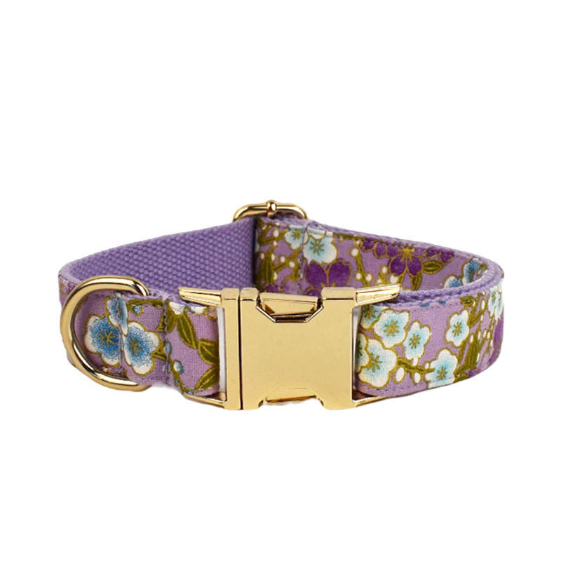 Purple And Wind Floral Dog Collar Hand Holding Rope Metal Bandana Bow Strap Out Shit Bag