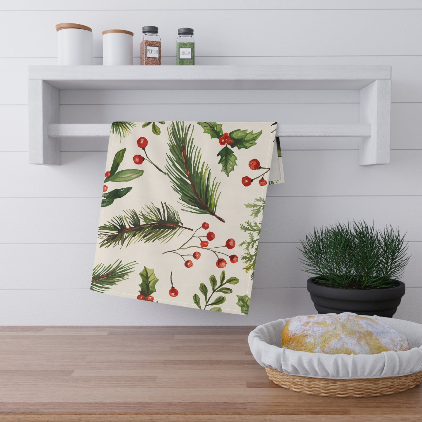 Holiday Pine & Berries Tea Towel — Festive Kitchen Dish Towel (Cotton/Poly)