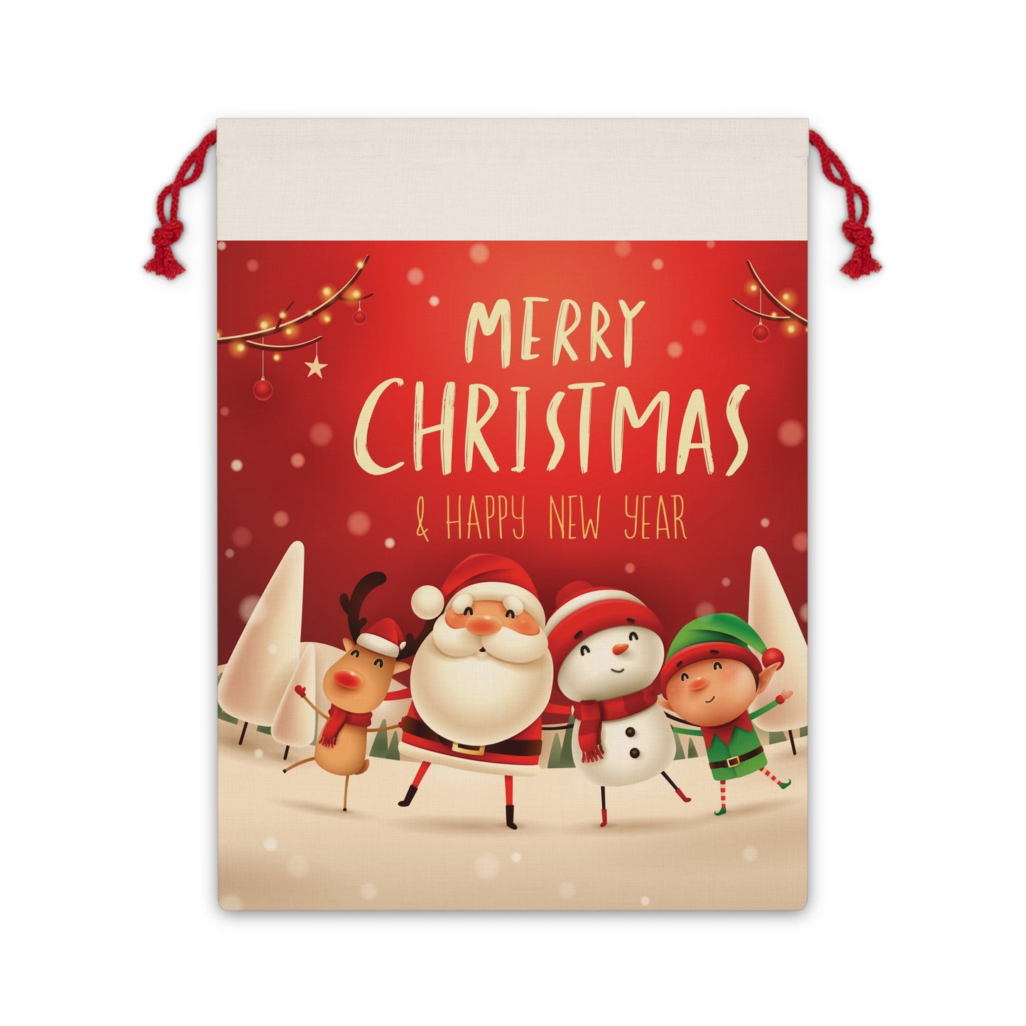 Merry Christmas Drawstring Gift Bag — Santa, Snowman & Elf Bag