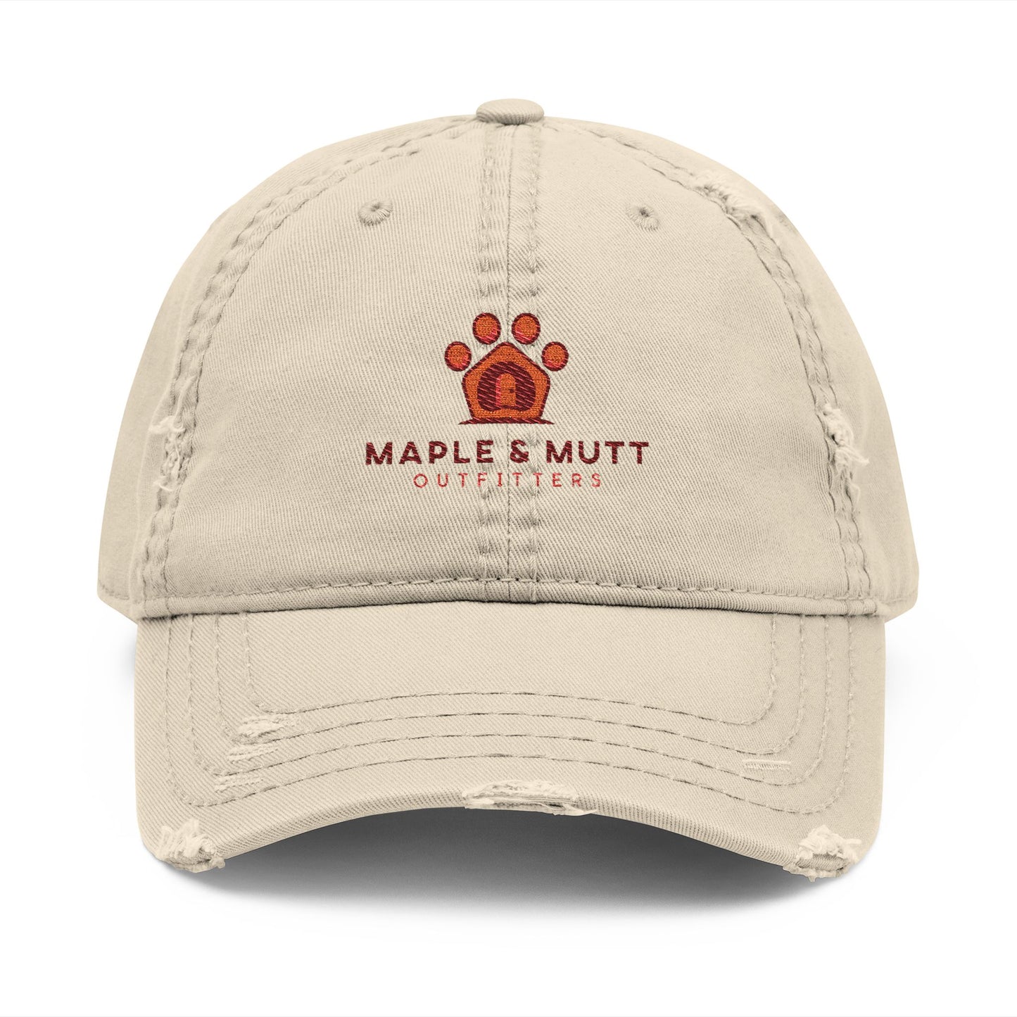 Maple & Mutt Distressed Dad Hat — Embroidered Paw & Home Logo Cap