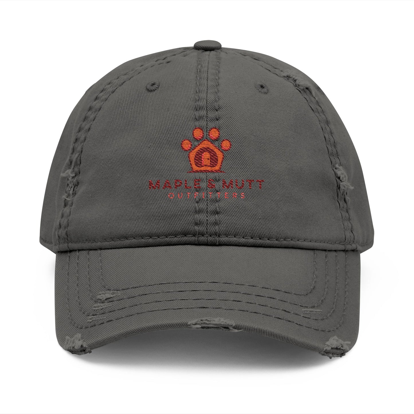 Maple & Mutt Distressed Dad Hat — Embroidered Paw & Home Logo Cap