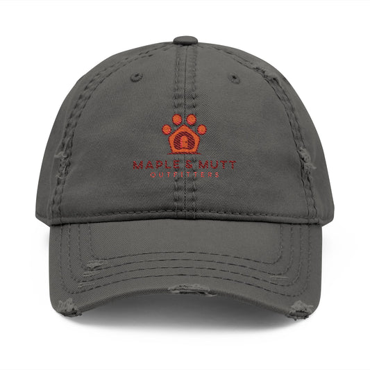 Maple & Mutt Distressed Dad Hat — Embroidered Paw & Home Logo Cap