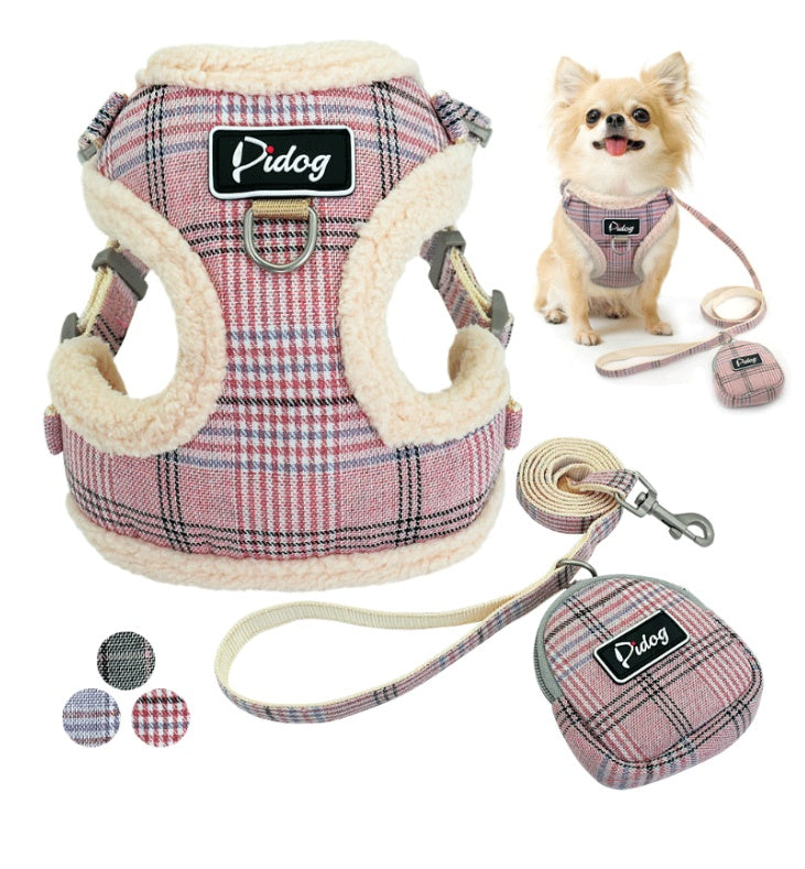 🐶 Plaid Cute Dog Harness with Poo bag attached