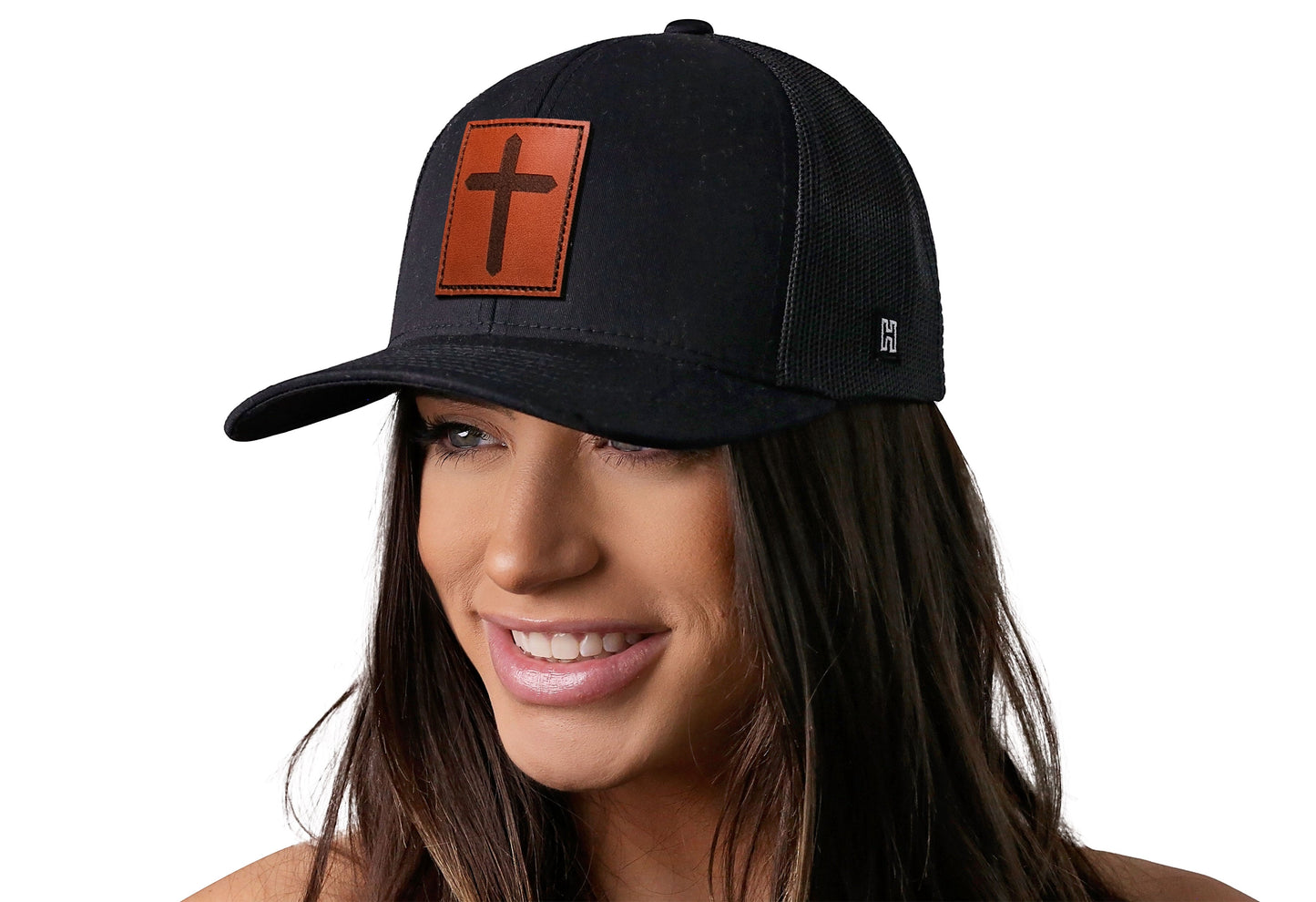 Cross Trucker Hat Rectangle Leather  |  Black cross Snapback