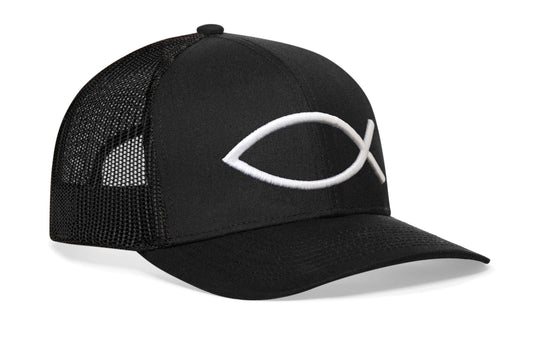 Jesus Fish Trucker Hat  |  Black bold ichthys Snapback