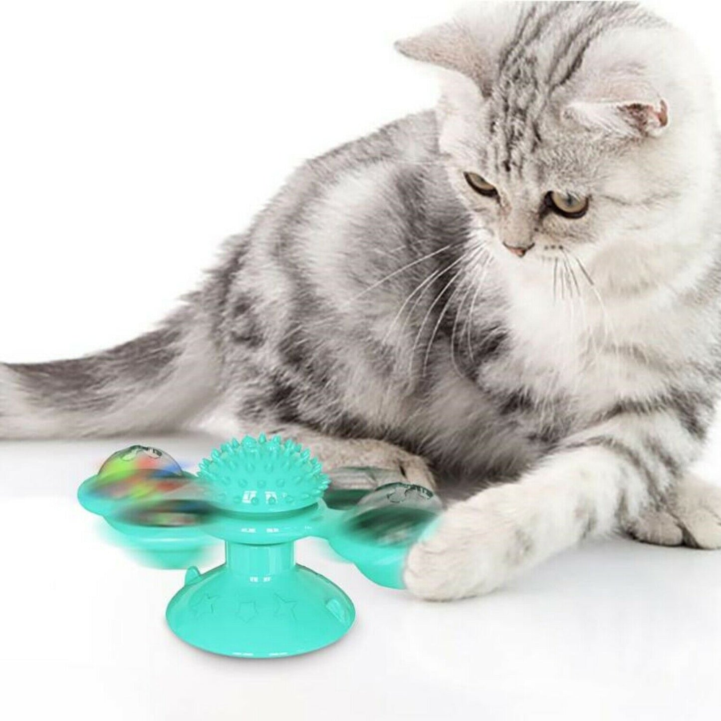Rotating Interactive Cat Toy - Indoor Windmill Cat Toy With Suction Cup Catnip & Jagged Teeth Middle Ball, Smart Kitten Rotating Spinner Exercise Toy, Toothbrush & Massager