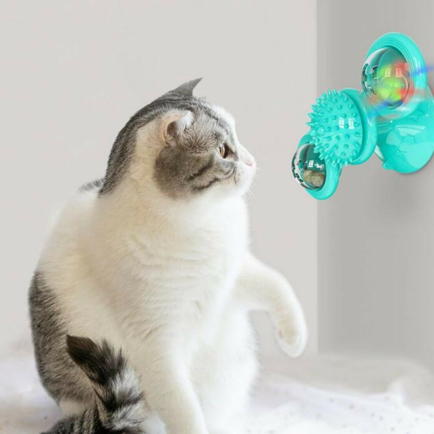 Rotating Interactive Cat Toy - Indoor Windmill Cat Toy With Suction Cup Catnip & Jagged Teeth Middle Ball, Smart Kitten Rotating Spinner Exercise Toy, Toothbrush & Massager