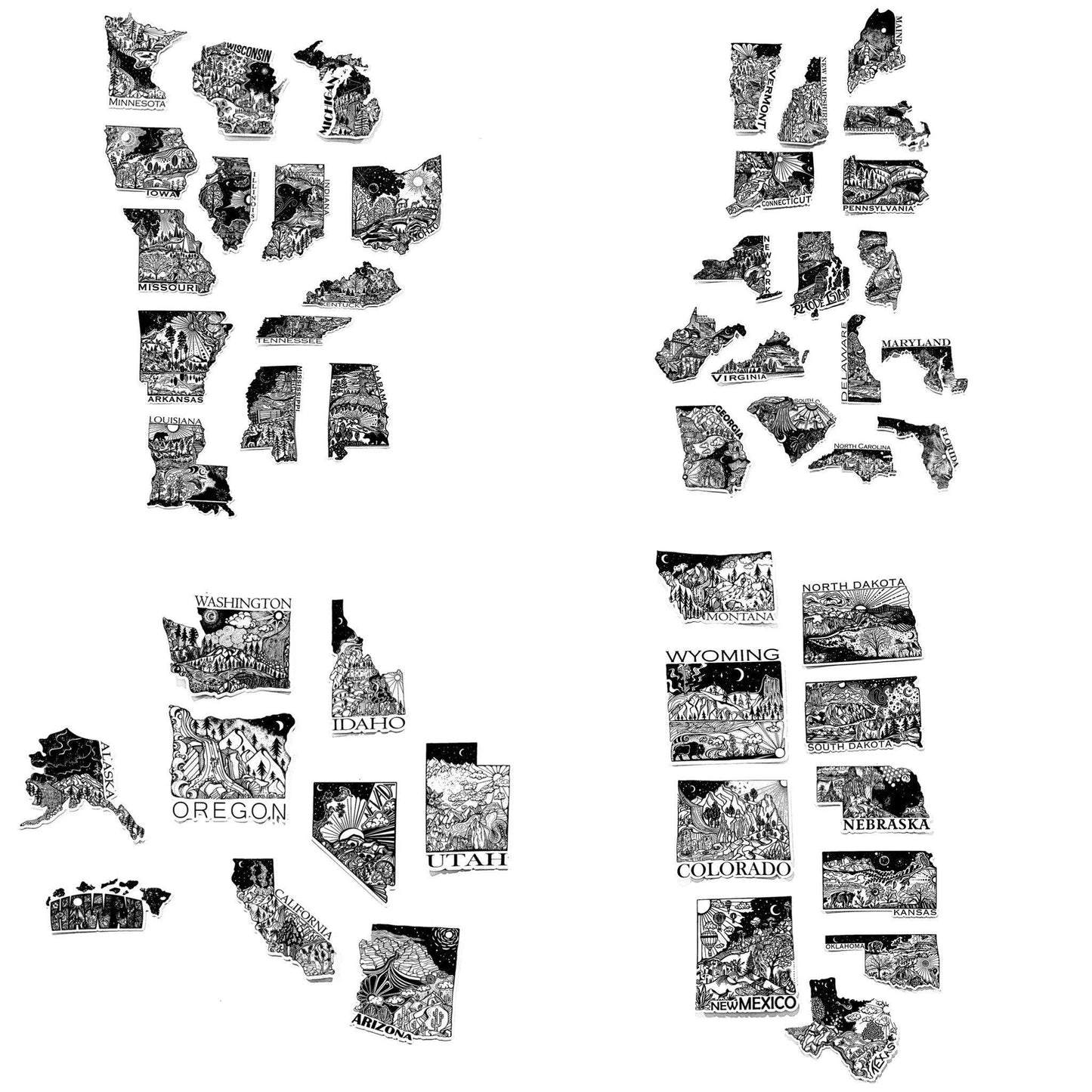 USA sticker pack. Save 97 dollars! 50 state stickers 4" Weatherproof and durable,  Outdoor sticker, Travel sticker, Wanderlust, Moon , Trees