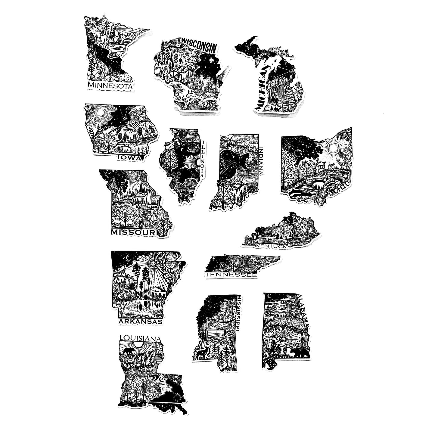 USA sticker pack. Save 97 dollars! 50 state stickers 4" Weatherproof and durable,  Outdoor sticker, Travel sticker, Wanderlust, Moon , Trees