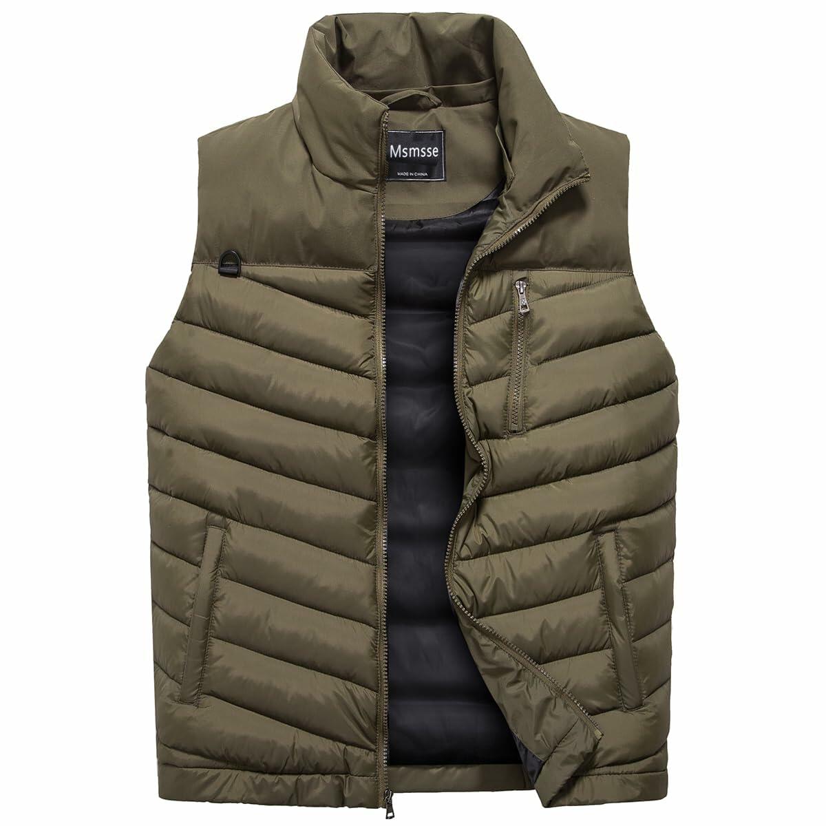 Men's Winter Puffer Quilted Vest Multi Pockets Sleeveless Army Green Size S