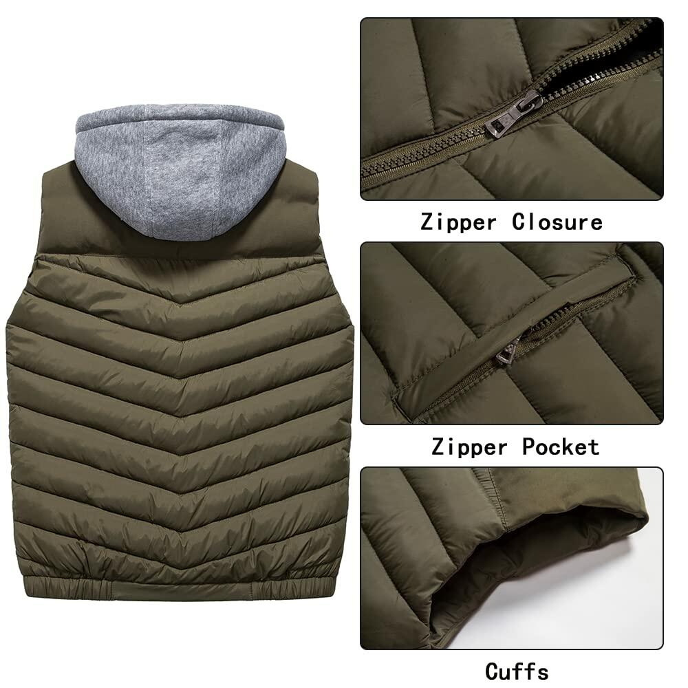 Men's Winter Puffer Quilted Vest Multi Pockets Sleeveless Army Green Size S